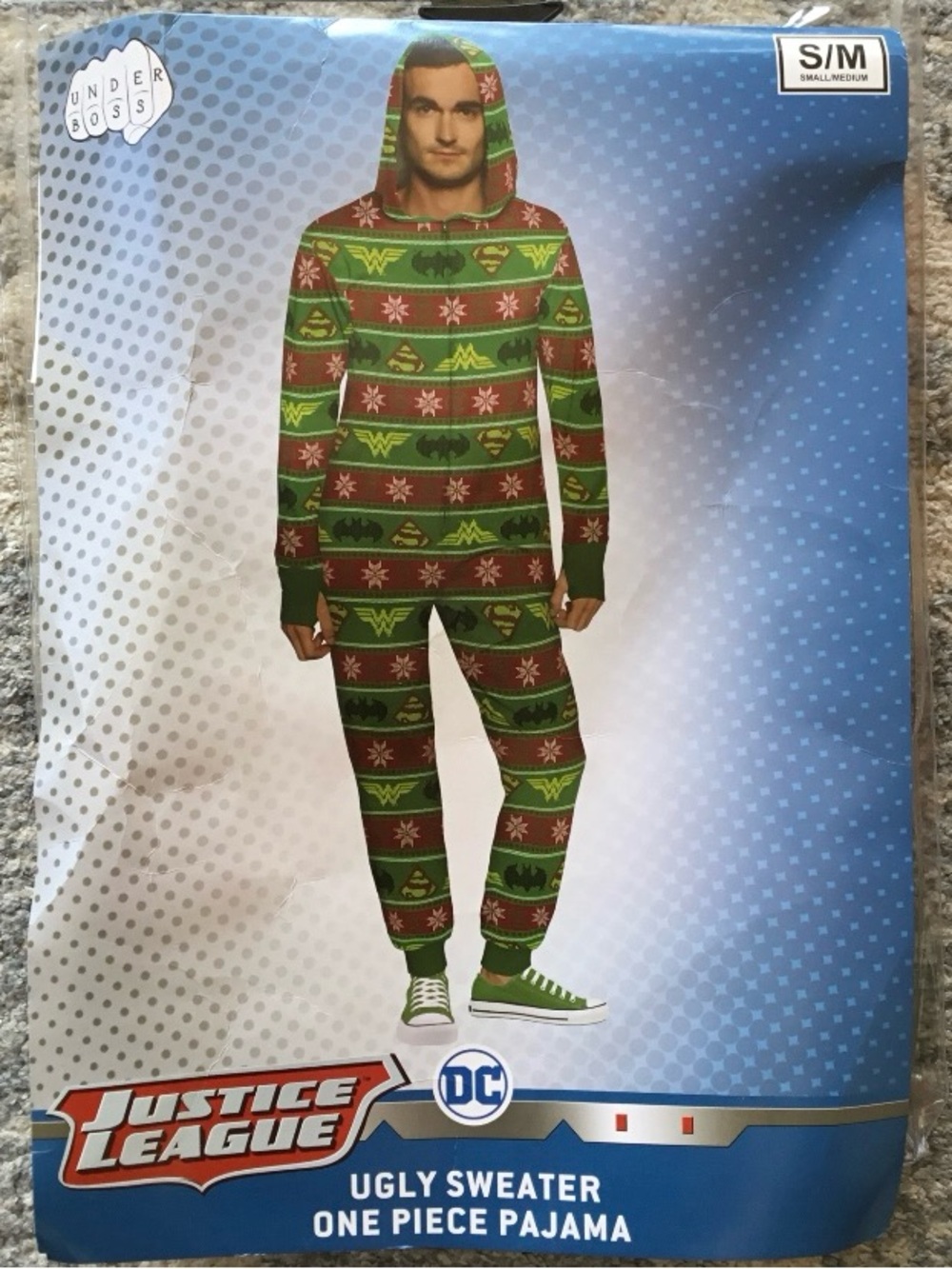 NEW Underboss Justice League Ugly Sweater One Piece Pajama, Sz S/M